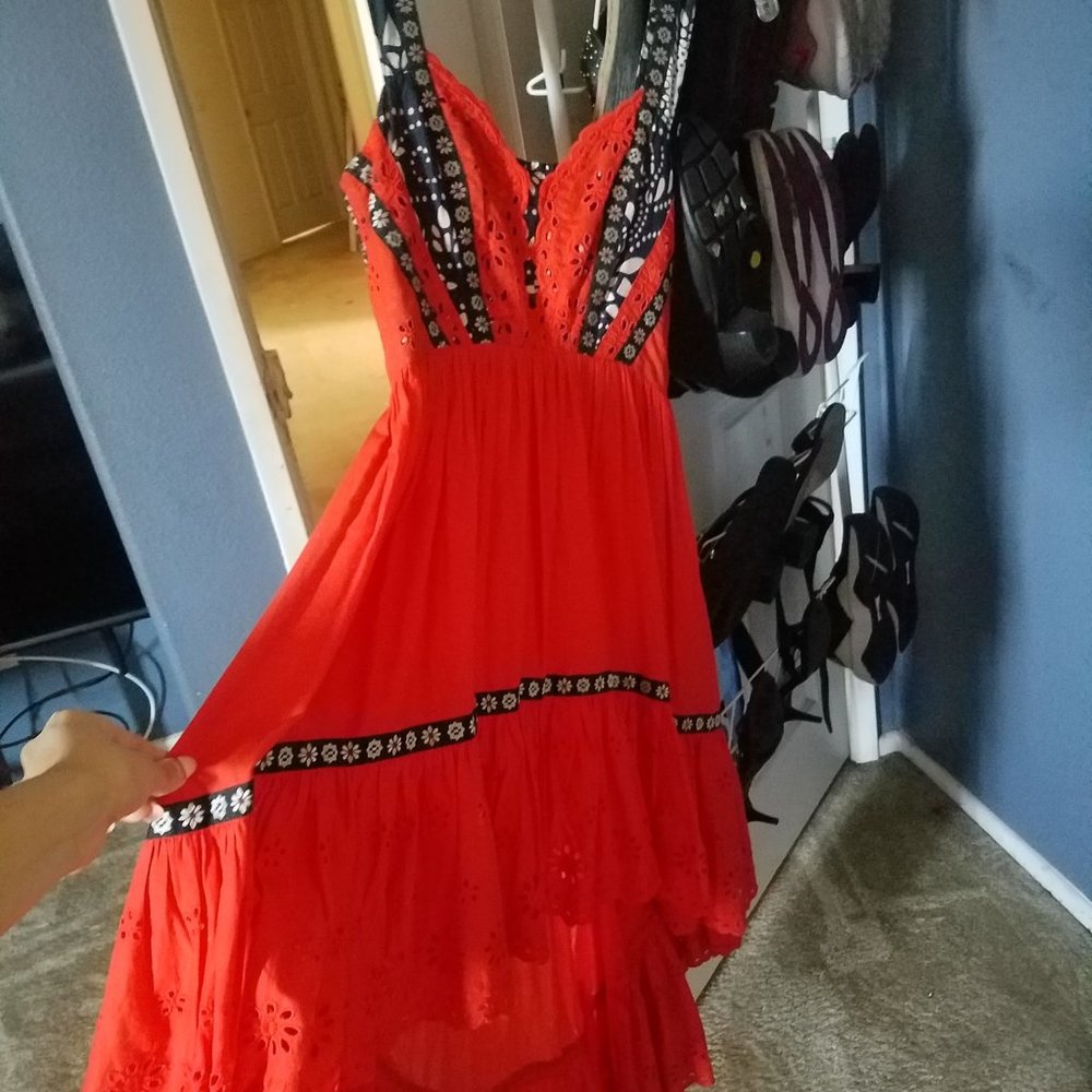 Red Boho Eyelet Maxi Dress with Contrast Trim